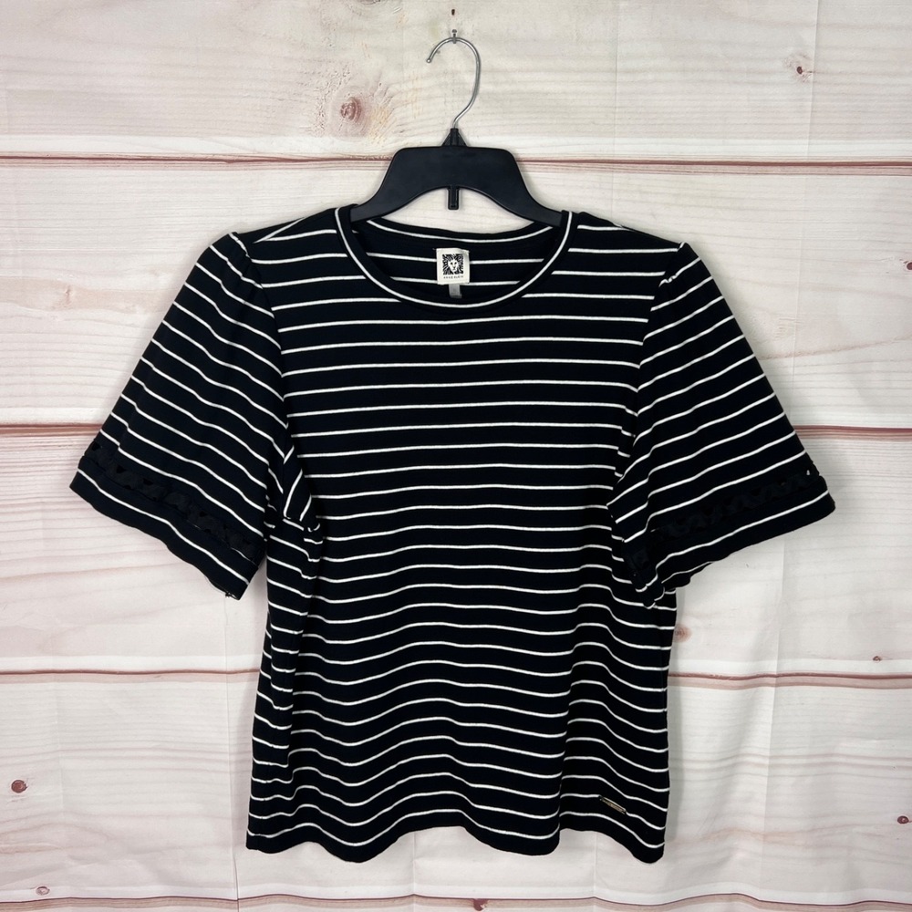 Anne Klein Top Womens XL Black Striped T-Shirt Crew Neck Lace Detail Cotton Knit